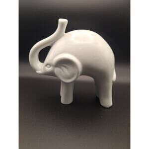 White Ceramic Elephant Trunk Up 6.5x 6 Inches Unmarked Heavy